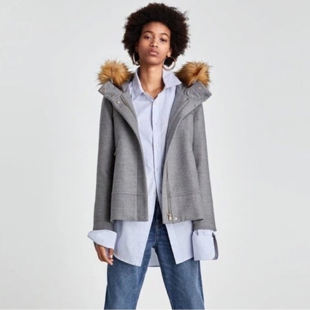 Zara Basic Outerwear Gray Zip Front Hooded Jacket